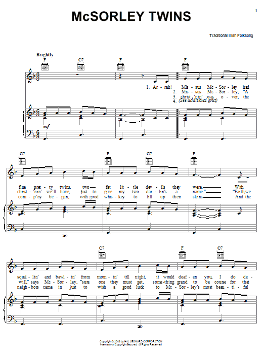 Irish Folksong McSorley Twins Sheet Music Notes & Chords for Piano, Vocal & Guitar (Right-Hand Melody) - Download or Print PDF