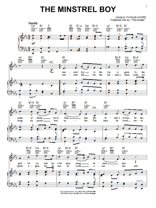 Irish Folksong Minstrel Boy Sheet Music Notes & Chords for Piano, Vocal & Guitar (Right-Hand Melody) - Download or Print PDF