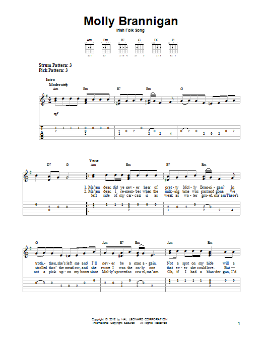 Irish Folksong Molly Brannigan Sheet Music Notes & Chords for Easy Guitar Tab - Download or Print PDF