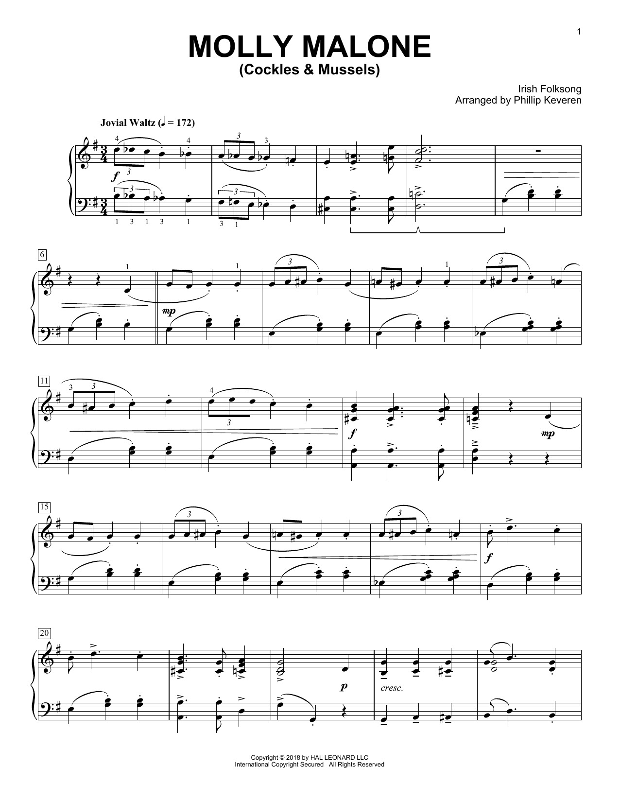 Irish Folksong Molly Malone (Cockles & Mussels) [Classical version] (arr. Phillip Keveren) Sheet Music Notes & Chords for Piano - Download or Print PDF
