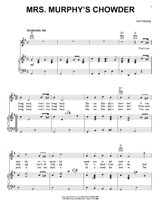 Irish Folksong Mrs. Murphy's Chowder Sheet Music Notes & Chords for Melody Line, Lyrics & Chords - Download or Print PDF