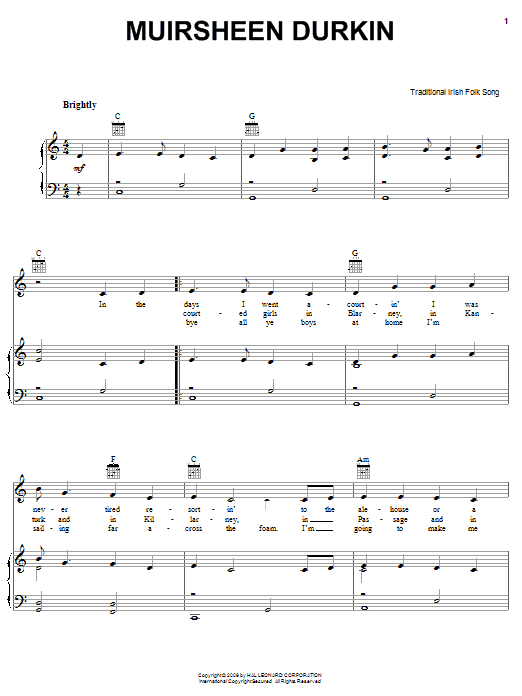 Irish Folksong Muirsheen Durkin Sheet Music Notes & Chords for Lyrics & Chords - Download or Print PDF