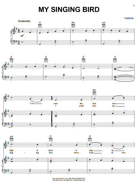 Irish Folksong My Singing Bird Sheet Music Notes & Chords for Piano, Vocal & Guitar (Right-Hand Melody) - Download or Print PDF