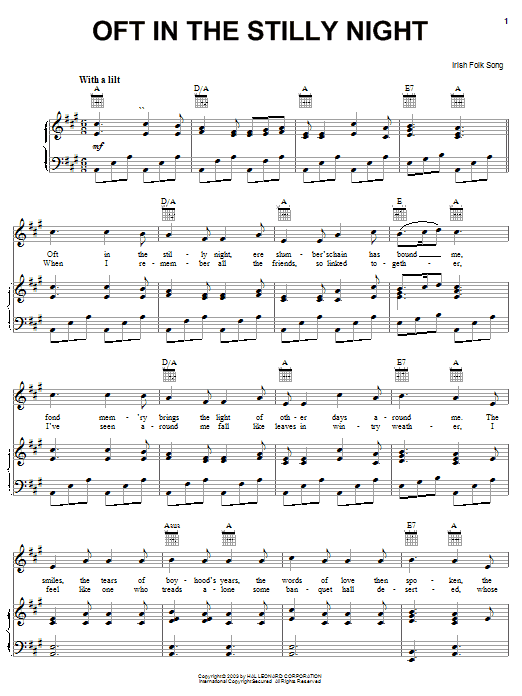 Irish Folksong Oft In The Stilly Night Sheet Music Notes & Chords for Piano, Vocal & Guitar (Right-Hand Melody) - Download or Print PDF