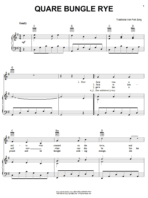 Irish Folksong Quare Bungle Rye Sheet Music Notes & Chords for Piano, Vocal & Guitar (Right-Hand Melody) - Download or Print PDF