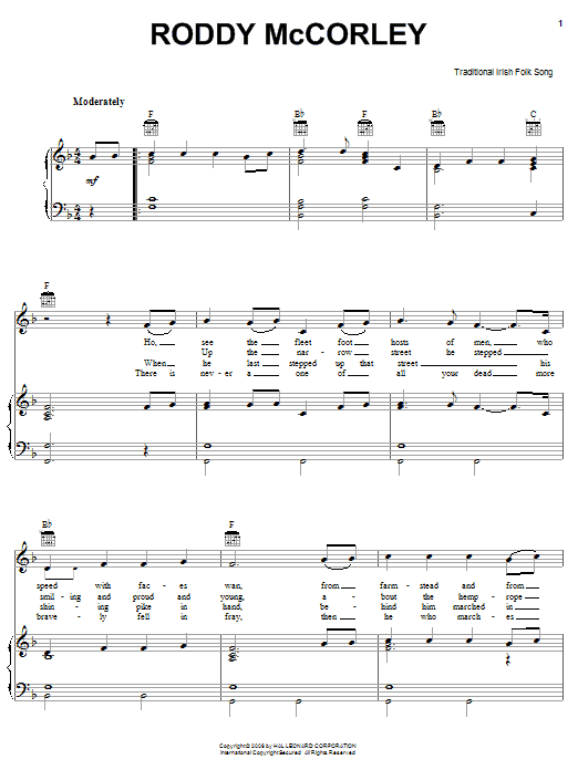 Irish Folksong Roddy McCorley Sheet Music Notes & Chords for Piano, Vocal & Guitar (Right-Hand Melody) - Download or Print PDF