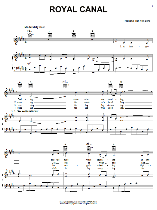 Irish Folksong Royal Canal Sheet Music Notes & Chords for Piano, Vocal & Guitar (Right-Hand Melody) - Download or Print PDF