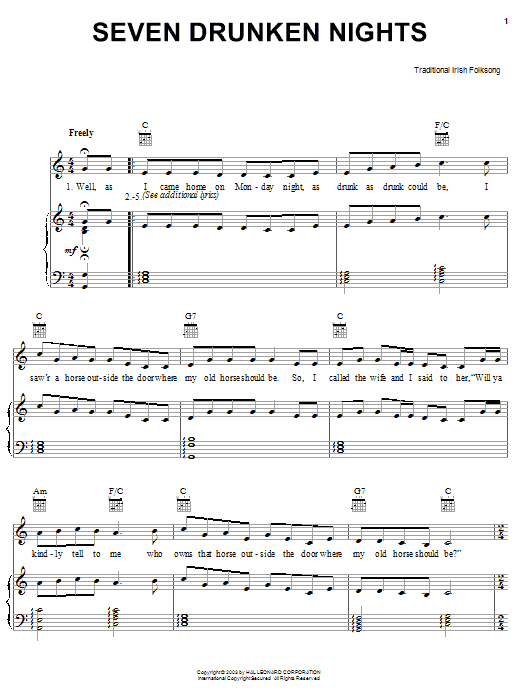 Irish Folksong Seven Drunken Nights Sheet Music Notes & Chords for Piano, Vocal & Guitar (Right-Hand Melody) - Download or Print PDF