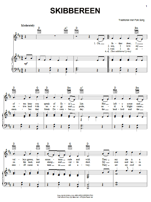 Irish Folksong Skibbereen Sheet Music Notes & Chords for Piano, Vocal & Guitar (Right-Hand Melody) - Download or Print PDF