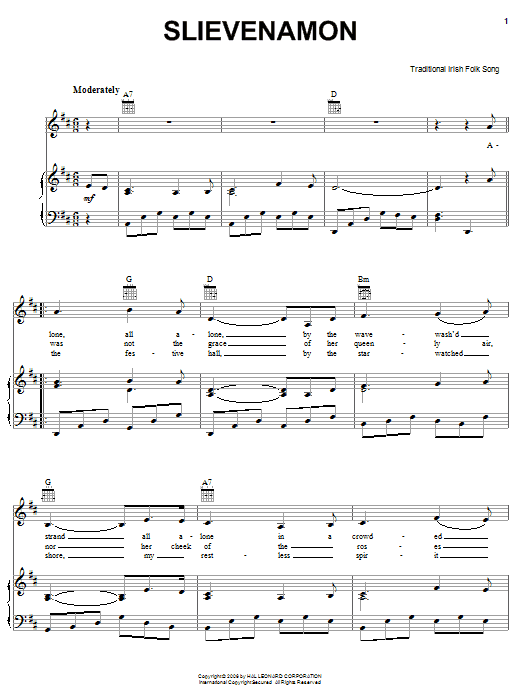 Irish Folksong Slievenamon Sheet Music Notes & Chords for Piano, Vocal & Guitar (Right-Hand Melody) - Download or Print PDF
