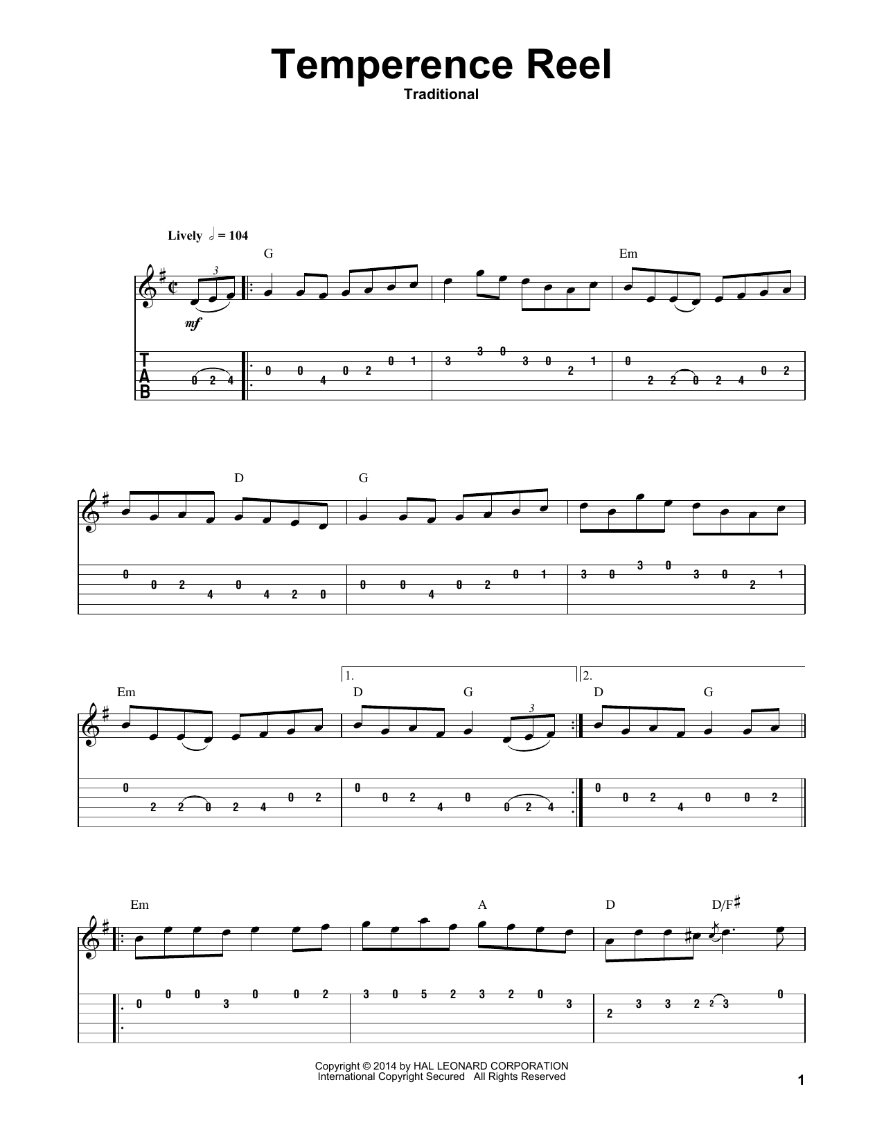 Irish Folksong Temperence Reel (Temperance Reel) Sheet Music Notes & Chords for Guitar Tab Play-Along - Download or Print PDF