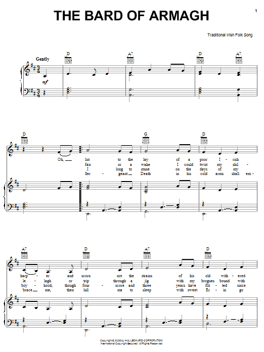 Irish Folksong The Bard Of Armagh Sheet Music Notes & Chords for Piano, Vocal & Guitar (Right-Hand Melody) - Download or Print PDF