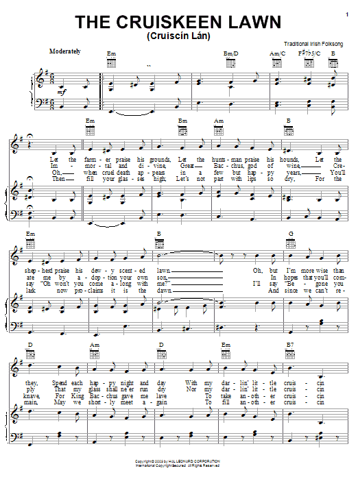 Irish Folksong The Cruiskeen Lawn (Cruiscin Lan) Sheet Music Notes & Chords for Piano, Vocal & Guitar (Right-Hand Melody) - Download or Print PDF