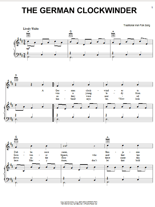 Irish Folksong The German Clockwinder Sheet Music Notes & Chords for Piano, Vocal & Guitar (Right-Hand Melody) - Download or Print PDF