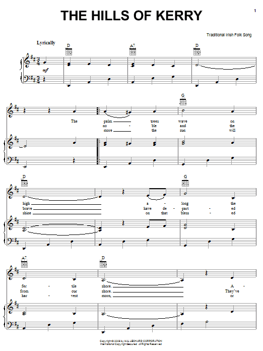 Irish Folksong The Hills Of Kerry Sheet Music Notes & Chords for Piano, Vocal & Guitar (Right-Hand Melody) - Download or Print PDF