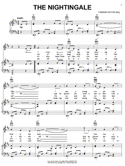 Irish Folksong The Nightingale Sheet Music Notes & Chords for Piano, Vocal & Guitar (Right-Hand Melody) - Download or Print PDF