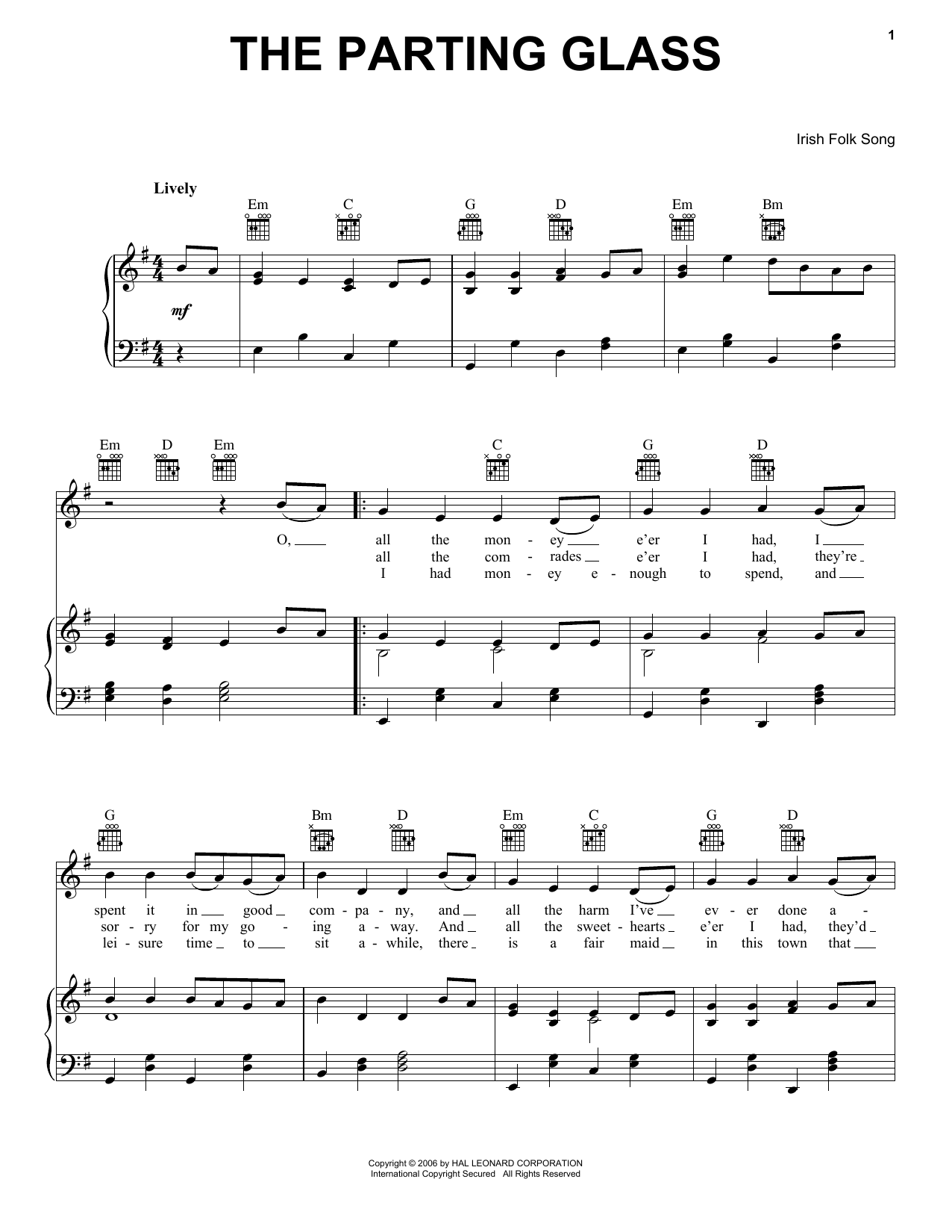Irish Folksong The Parting Glass Sheet Music Notes & Chords for Piano, Vocal & Guitar (Right-Hand Melody) - Download or Print PDF