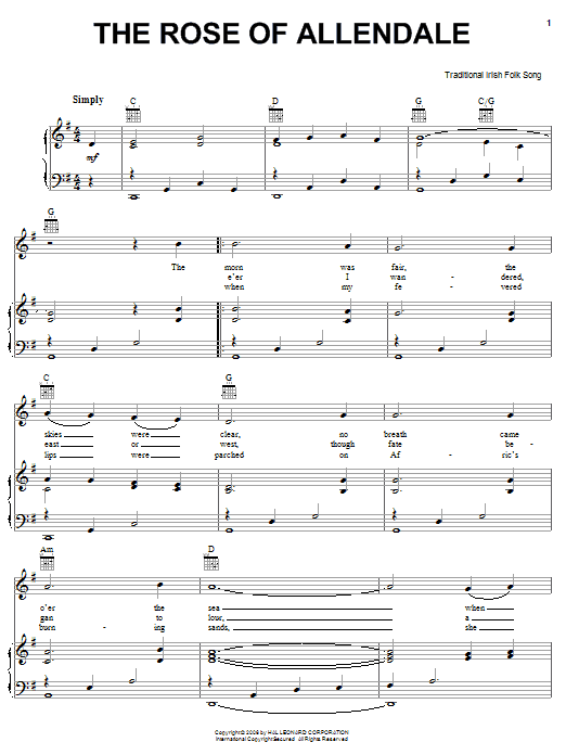 Irish Folksong The Rose Of Allendale Sheet Music Notes & Chords for Piano, Vocal & Guitar (Right-Hand Melody) - Download or Print PDF