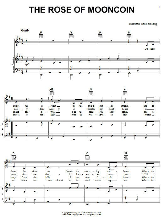 Irish Folksong The Rose Of Mooncoin Sheet Music Notes & Chords for Piano, Vocal & Guitar (Right-Hand Melody) - Download or Print PDF