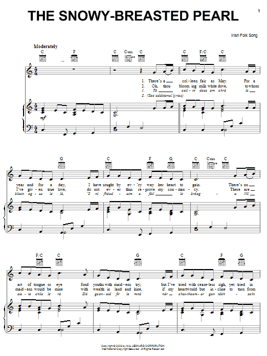 Irish Folksong The Snowy-Breasted Pearl Sheet Music Notes & Chords for Piano, Vocal & Guitar (Right-Hand Melody) - Download or Print PDF