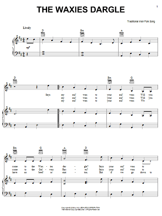 Irish Folksong The Waxies Dargle Sheet Music Notes & Chords for Piano, Vocal & Guitar (Right-Hand Melody) - Download or Print PDF