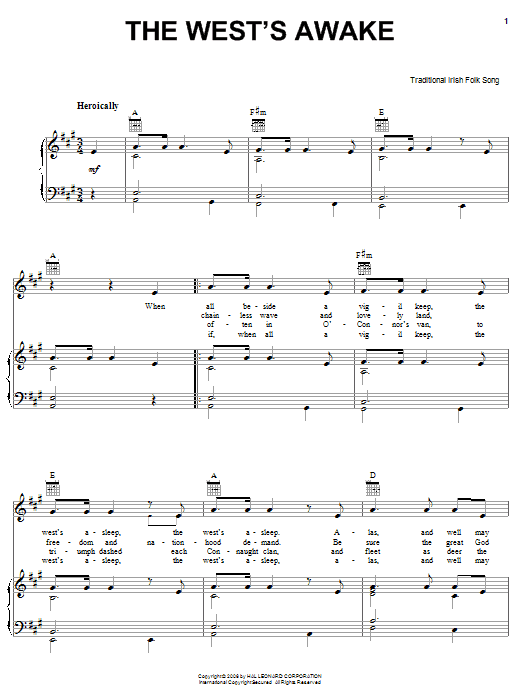 Irish Folksong The West's Awake Sheet Music Notes & Chords for Piano, Vocal & Guitar (Right-Hand Melody) - Download or Print PDF