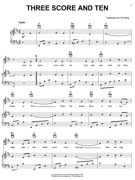 Irish Folksong Three Score And Ten Sheet Music Notes & Chords for Piano, Vocal & Guitar (Right-Hand Melody) - Download or Print PDF