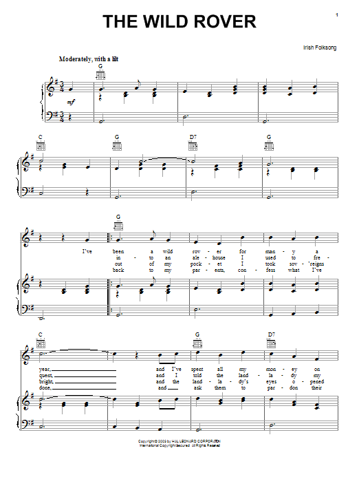 Irish Folksong Wild Rover Sheet Music Notes & Chords for Lyrics & Chords - Download or Print PDF