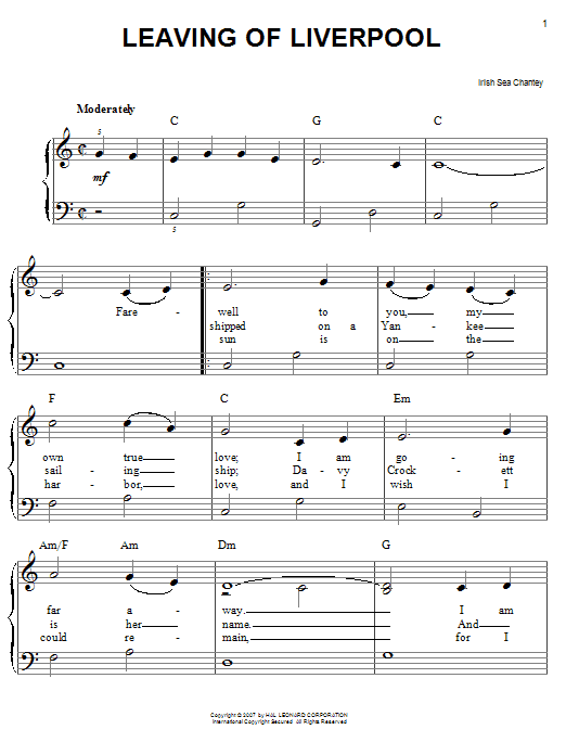 Irish Sea Shanty Leaving Of Liverpool Sheet Music Notes & Chords for Easy Piano - Download or Print PDF