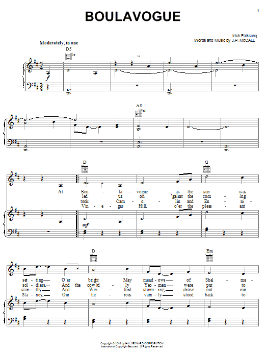 Preview Irish Folksong Boulavogue World sheet music, notes and chords for Piano, Vocal & Guitar (Right-Hand Melody), SKU: 25937 Boulavogue sheet music