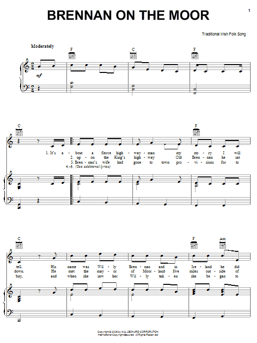 Preview Irish Folksong Brennan On The Moor World sheet music, notes and chords for Easy Piano, SKU: 58763 Brennan On The Moor sheet music