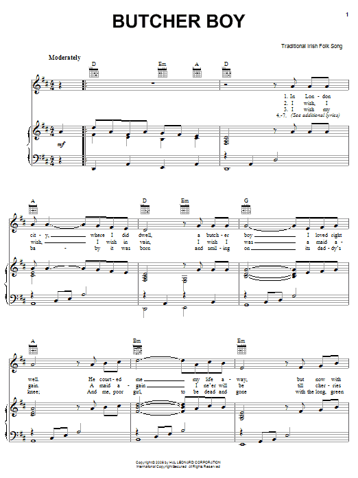 Preview Irish Folksong Butcher Boy World sheet music, notes and chords for Easy Piano, SKU: 58736 Butcher Boy sheet music