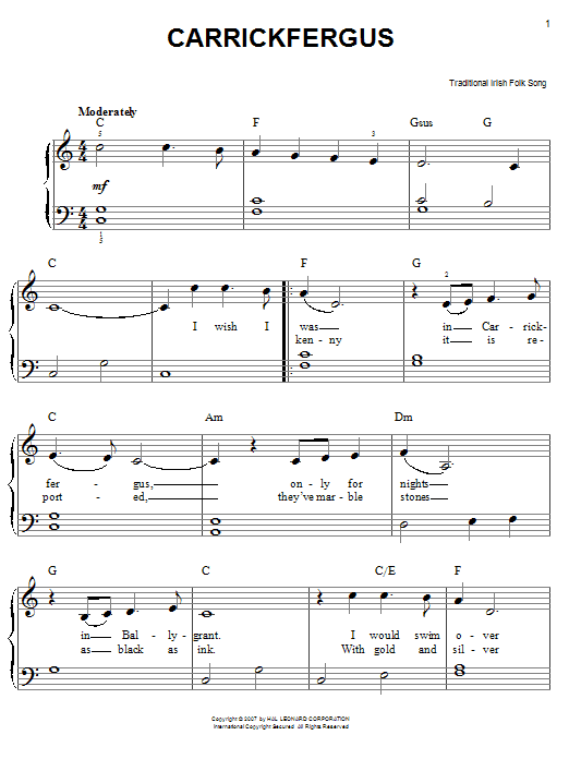 Preview Irish Folksong Carrick Fergus World sheet music, notes and chords for Easy Piano, SKU: 71869 Carrick Fergus sheet music