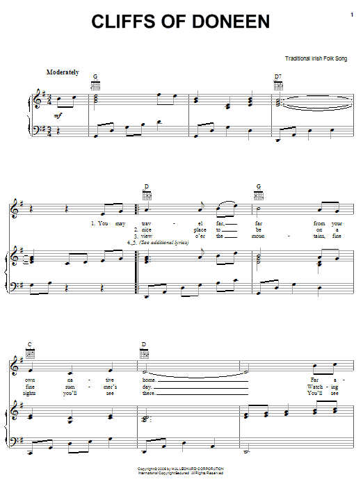 Preview Irish Folksong Cliffs Of Doneen World sheet music, notes and chords for Easy Piano, SKU: 58761 Cliffs Of Doneen sheet music