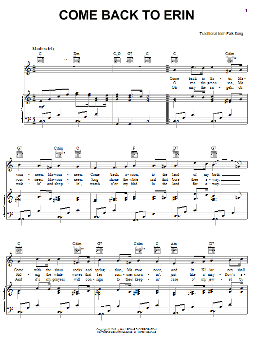 Preview The Corrs Come Back To Erin Folk sheet music, notes and chords for Melody Line, Lyrics & Chords, SKU: 14005 Come Back To Erin sheet music