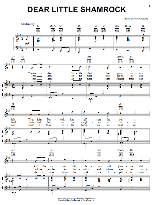 Preview Irish Folksong Dear Little Shamrock World sheet music, notes and chords for Piano, Vocal & Guitar (Right-Hand Melody), SKU: 25942 Dear Little Shamrock sheet music