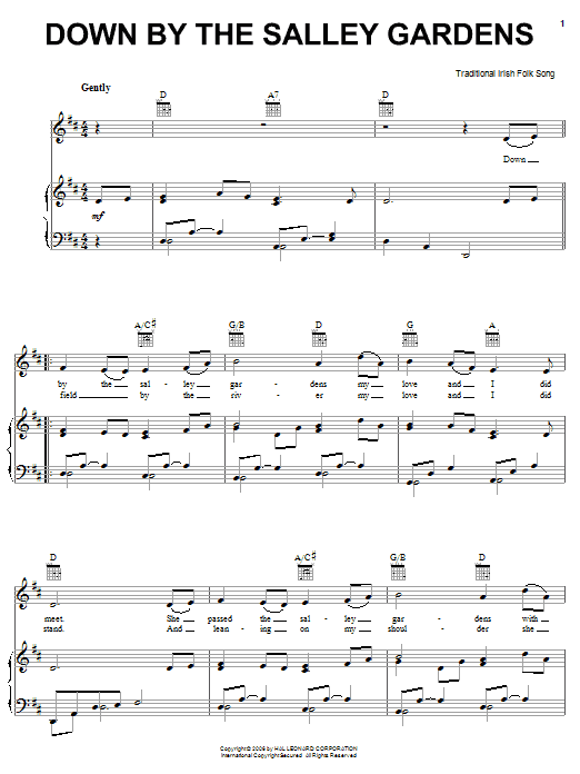 Preview Irish Folksong Down By The Sally Gardens World sheet music, notes and chords for Easy Piano, SKU: 58749 Down By The Sally Gardens sheet music