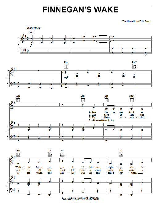 Preview Irish Folksong Finnegan's Wake World sheet music, notes and chords for Easy Piano, SKU: 58807 Finnegan's Wake sheet music
