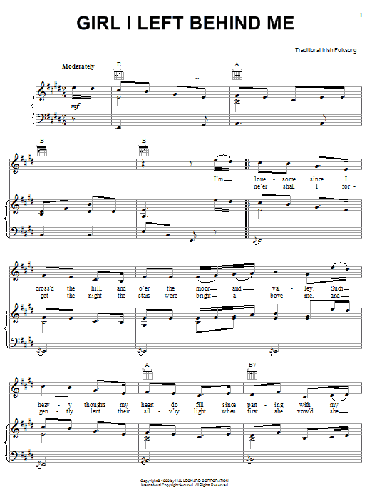 Preview Irish Folksong Girl I Left Behind Me World sheet music, notes and chords for Piano (Big Notes), SKU: 63969 Girl I Left Behind Me sheet music