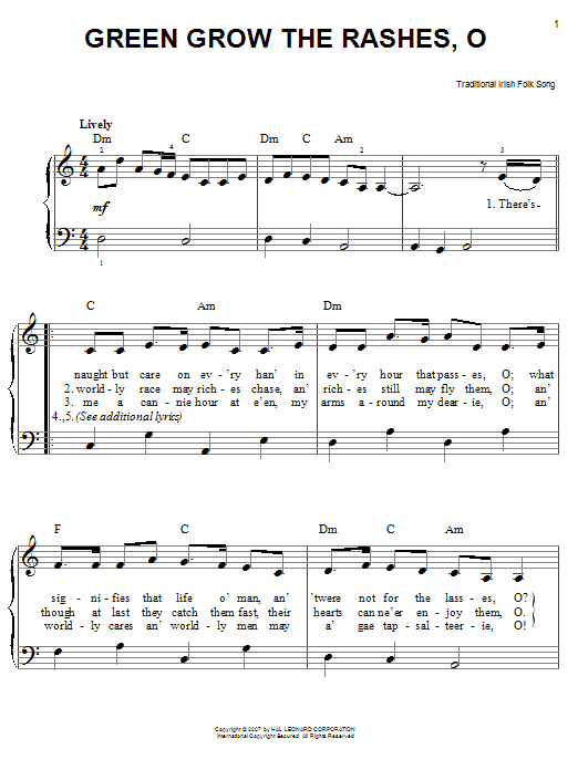 Preview Irish Folksong Green Grow The Rushes, O World sheet music, notes and chords for Easy Piano, SKU: 58747 Green Grow The Rushes, O sheet music