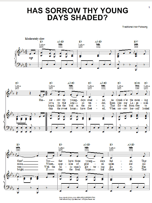 Preview Irish Folksong Has Sorrow Thy Young Days Shaded? World sheet music, notes and chords for Easy Piano, SKU: 71935 Has Sorrow Thy Young Days Shaded? sheet music