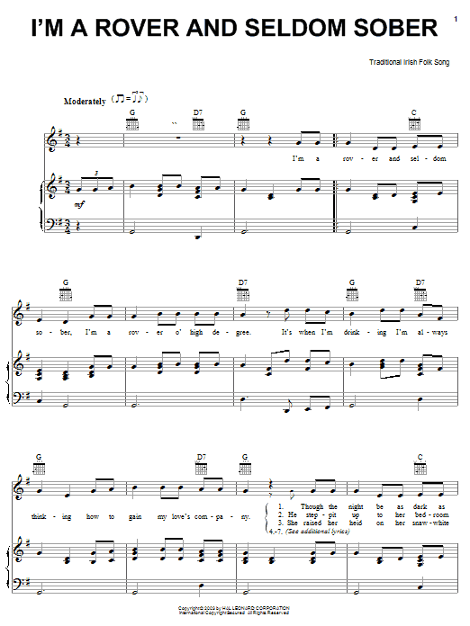 Preview Irish Folksong I'm A Rover And Seldom Sober World sheet music, notes and chords for Piano, Vocal & Guitar (Right-Hand Melody), SKU: 25919 I'm A Rover And Seldom Sober sheet music