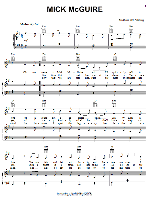 Preview Irish Folksong Mick McGuire World sheet music, notes and chords for Piano, Vocal & Guitar (Right-Hand Melody), SKU: 25928 Mick McGuire sheet music