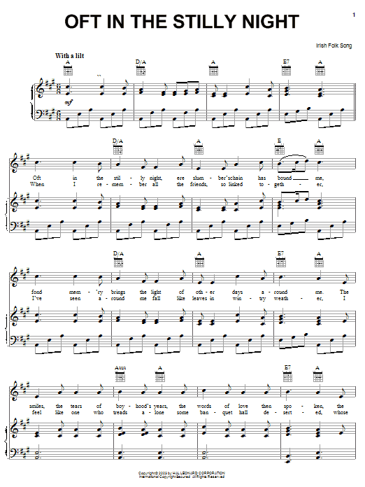 Preview Irish Folksong Oft In The Stilly Night World sheet music, notes and chords for Piano, Vocal & Guitar (Right-Hand Melody), SKU: 25906 Oft In The Stilly Night sheet music