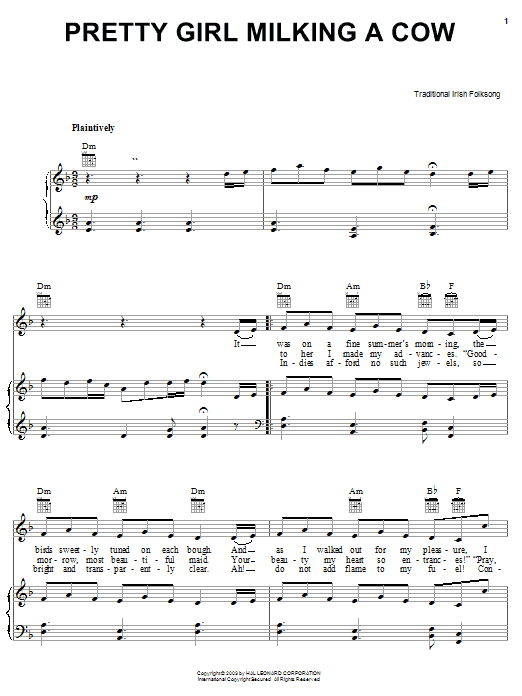 Preview Irish Folksong Pretty Girl Milking A Cow World sheet music, notes and chords for Piano, Vocal & Guitar (Right-Hand Melody), SKU: 25965 Pretty Girl Milking A Cow sheet music