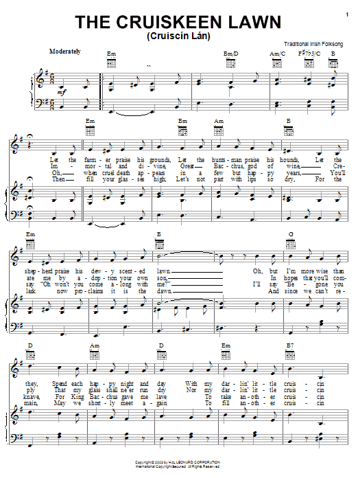 Preview Irish Folksong The Cruiskeen Lawn (Cruiscin Lan) World sheet music, notes and chords for Piano, Vocal & Guitar (Right-Hand Melody), SKU: 25938 The Cruiskeen Lawn (Cruiscin Lan) sheet music