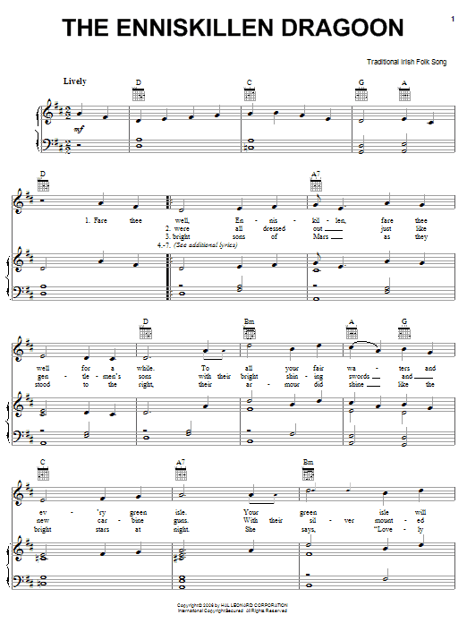 Preview Irish Folksong The Enniskillen Dragoon World sheet music, notes and chords for Piano, Vocal & Guitar (Right-Hand Melody), SKU: 56820 The Enniskillen Dragoon sheet music