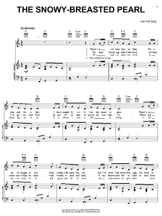 Preview Irish Folksong The Snowy-Breasted Pearl World sheet music, notes and chords for Piano, Vocal & Guitar (Right-Hand Melody), SKU: 25905 The Snowy-Breasted Pearl sheet music