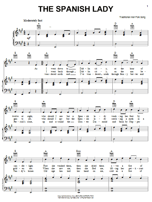 Preview Irish Folksong The Spanish Lady World sheet music, notes and chords for Piano, Vocal & Guitar (Right-Hand Melody), SKU: 25923 The Spanish Lady sheet music