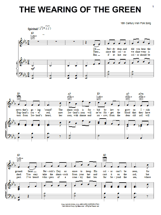 Preview Irish Folksong The Wearing Of The Green World sheet music, notes and chords for Piano, Vocal & Guitar (Right-Hand Melody), SKU: 25961 The Wearing Of The Green sheet music